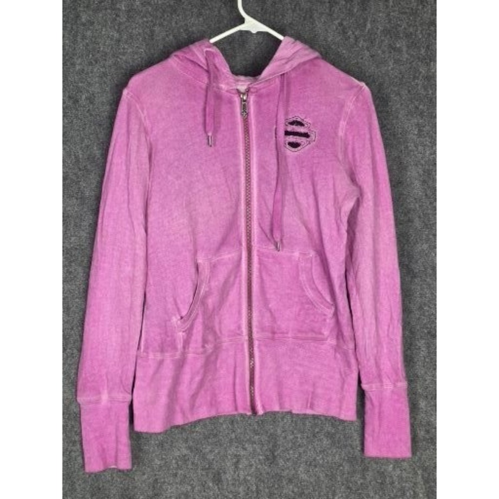 Harley Davidson Womens Pink Wings Graphic Full Zip Hoodie Biker Casual Sz S Moto